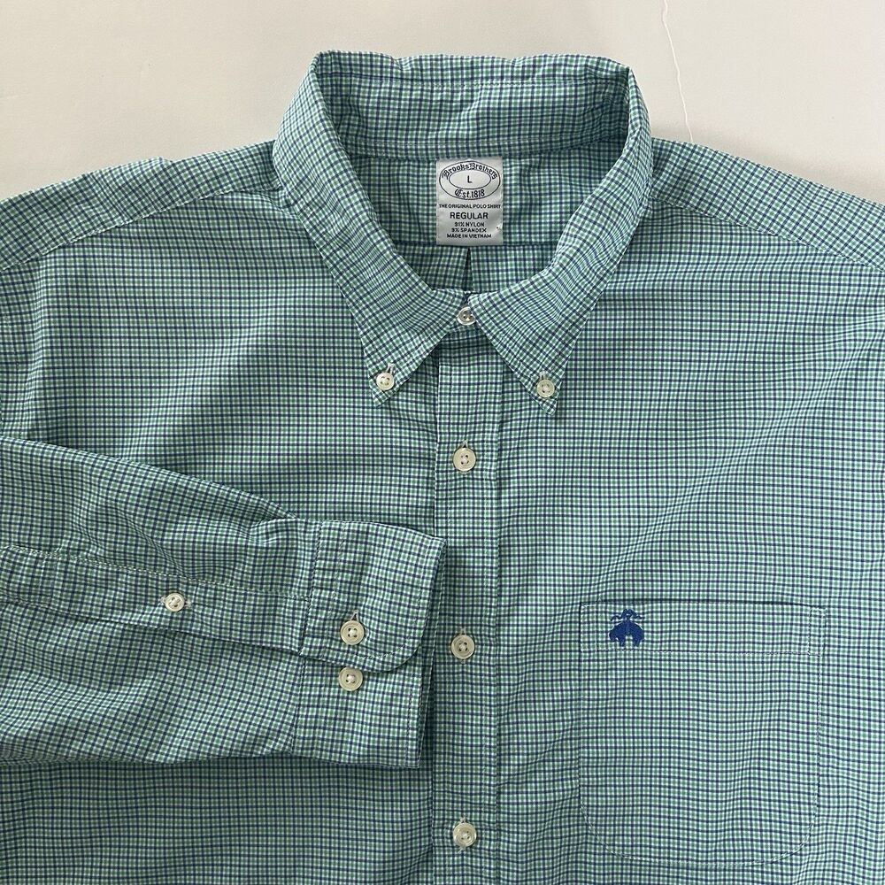 Brooks Brothers Nylon Button Down Shirt Mens L Reg Stretch Gingham Performance